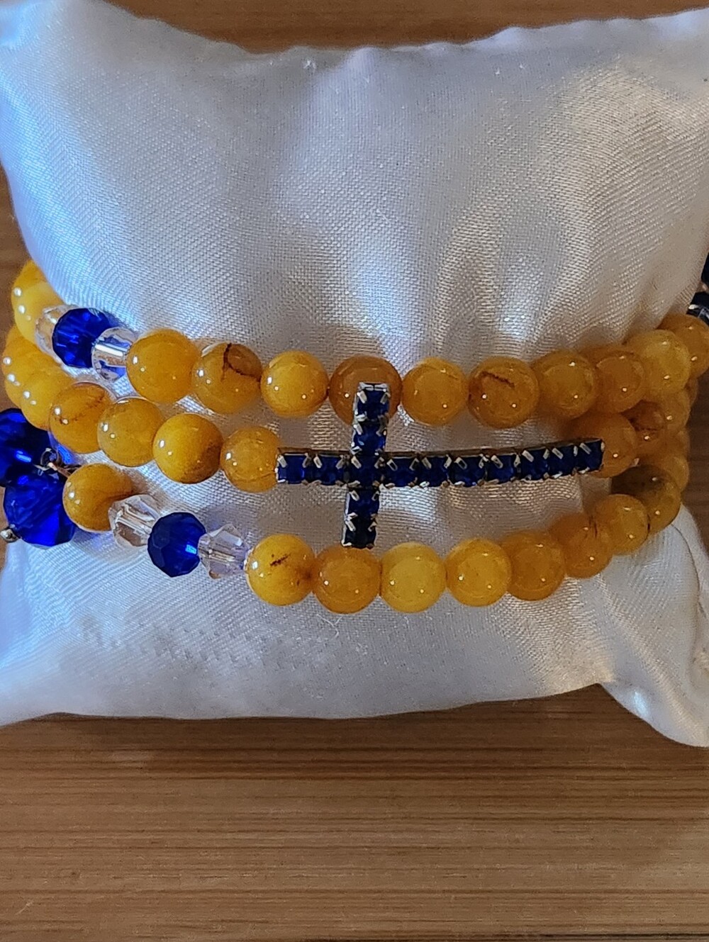 Hand Crafted Yellow and Royal Blue Beaded Wrap Bracelet with Rhinestone Cross
